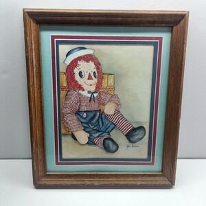 Raggedy Andy Doll Framed Art Print Signed Ava Freeman Framed Navy Hat Red‎ White